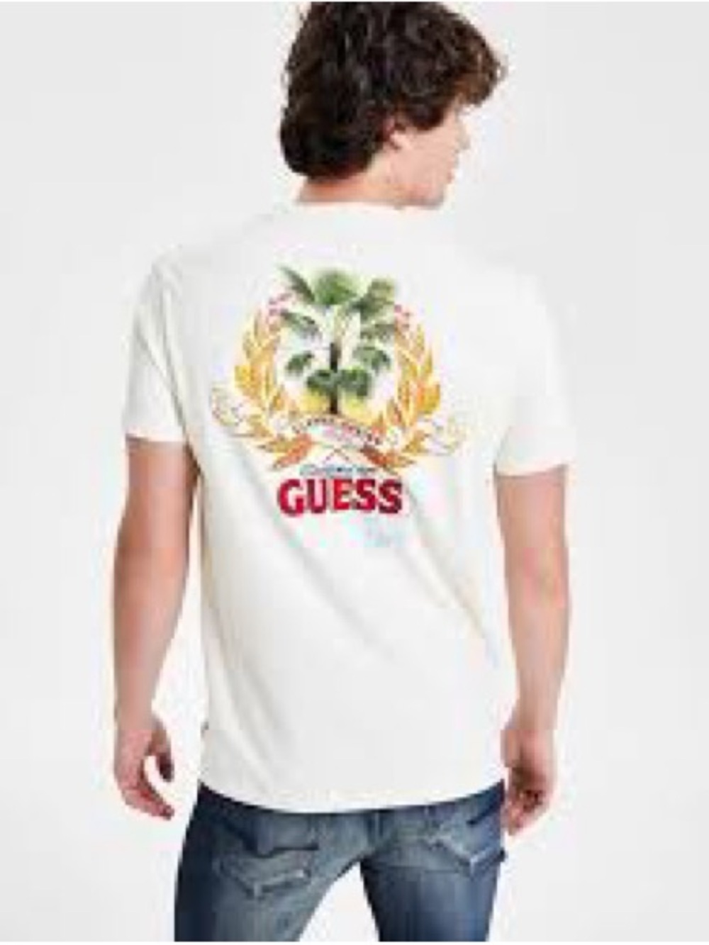 New GUESS White Short-Sleeve Tee with Tropical Crest Graphic SZ L - Picture 2 of 9